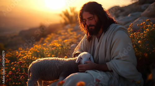 Man Comforts Lamb in Golden...