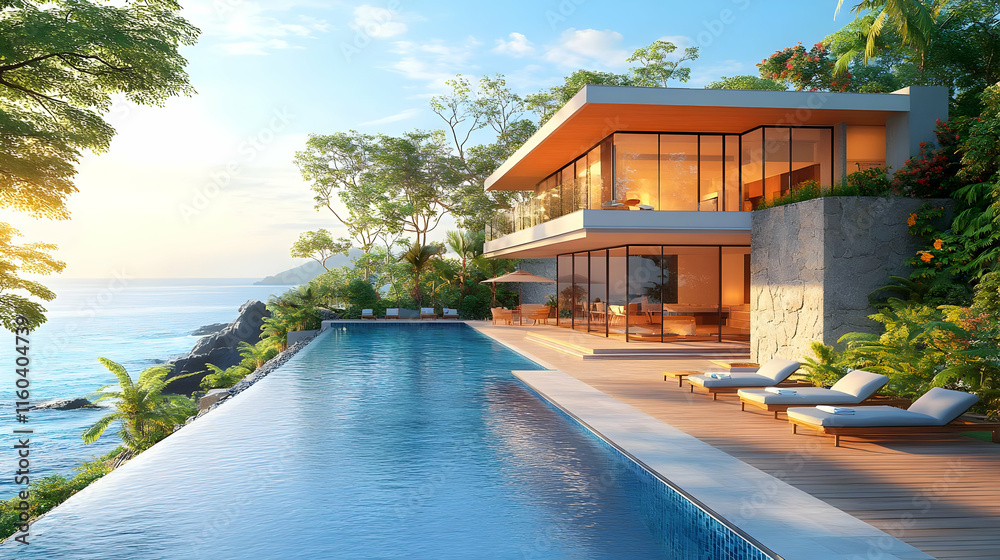 Fototapeta premium Modern Cliffside Villa with Infinity Pool Overlooking the Ocean at Sunset with Lush Tropical Landscape
