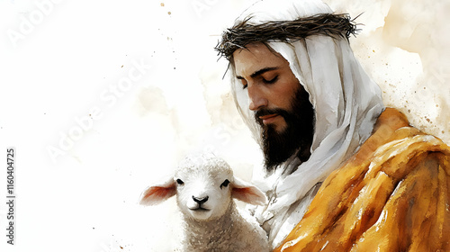 Shepherd Holds Lamb with Ge...