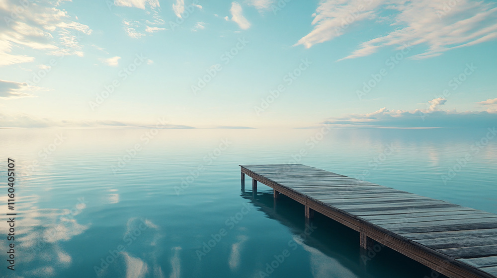 Fototapeta premium Tranquil lakeside reflection serene pier over water nature scene calm environment wide angle view peaceful concept