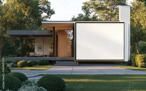 Blank white poster framed in polished brass, displayed with an image of a futuristic smart home with integrated technology and a sleek, modern exterior photo