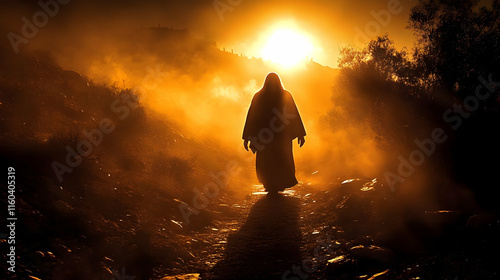 Figure Walks Path in Golden...