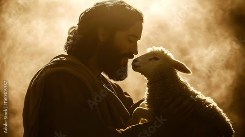 Man Holds Lamb Gently, Symb...