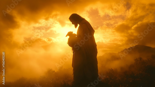 Shepherd Holds Lamb in Gold...