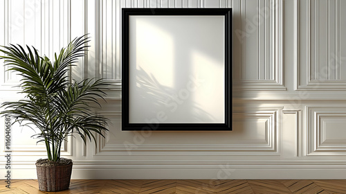 Blank Frame Mockup on Classic Wall with Plant and Hardwood Floor Perfectly Complements the Interior Design photo