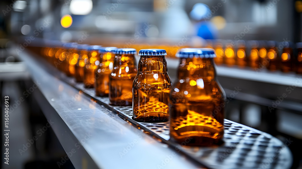 Brown Glass Bottles Move Along a Conveyor Belt in a Factory Setting During Production with Blurred Background. Brown Glass Bottles Move Along a Conveyor Belt in a Factory Setting During Production with Blurred Background.