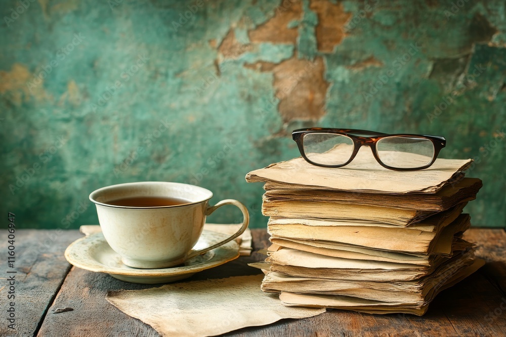 A cozy scene featuring a cup of tea, glasses, and a stack of old books on a rustic table. A cozy scene featuring a cup of tea, glasses, and a stack of old books on a rustic table.
