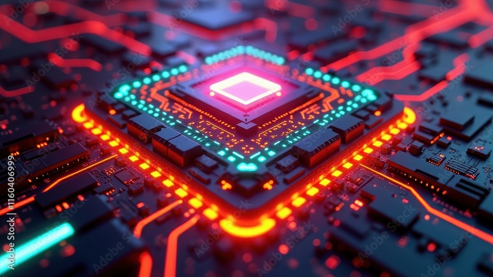 Abstract Close-Up of a Glowing Circuit Board with Central Processing Chip
Abstract Close-Up of a Glowing Circuit Board with Central Processing Chip