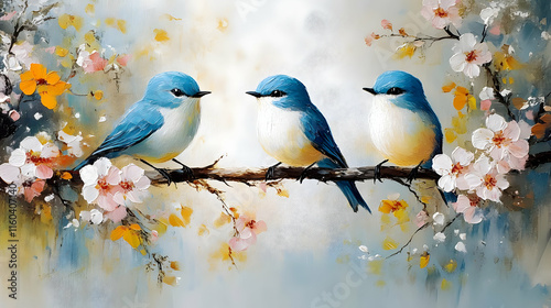 Blue Birds Perch on Branch ...