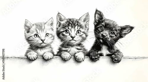 Three Kittens Peek Over Fen...