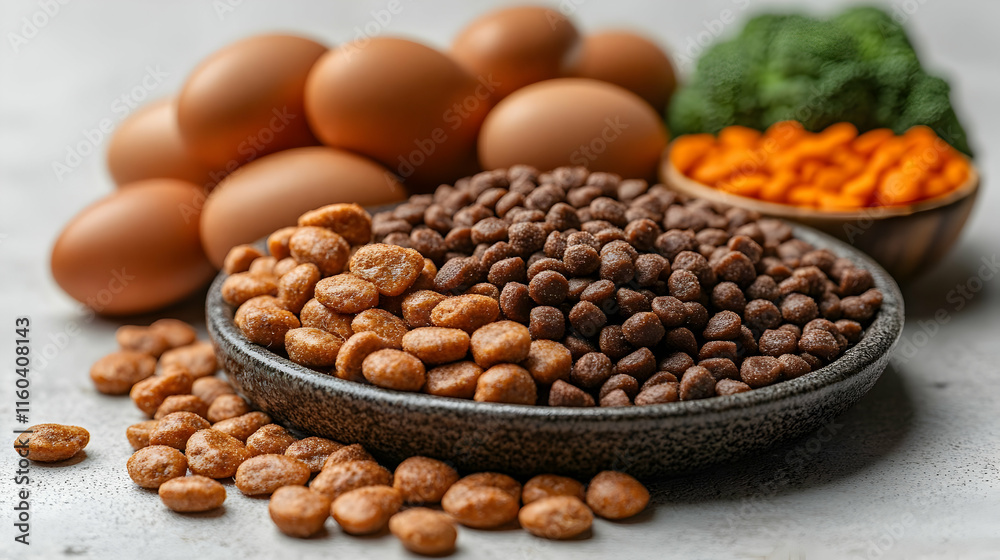 Dry Pet Food, Eggs, Broccoli, and Carrots are Displayed on a Table Dry Pet Food, Eggs, Broccoli, and Carrots are Displayed on a Table