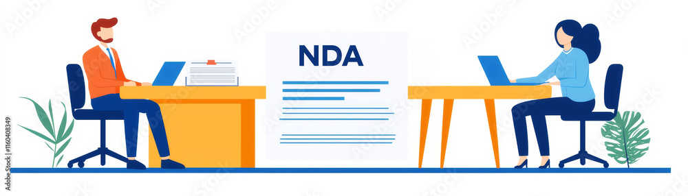 Non-Disclosure agreement. Two professionals discussing a non-disclosure agreement at desks with laptops. Non-Disclosure agreement. Two professionals discussing a non-disclosure agreement at desks with laptops.