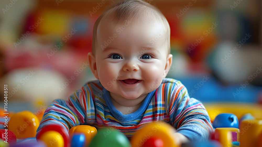 Fototapeta premium Smiling Baby Lies on Play Mat with Colorful Toys Happily and Cheerfully in a Playroom