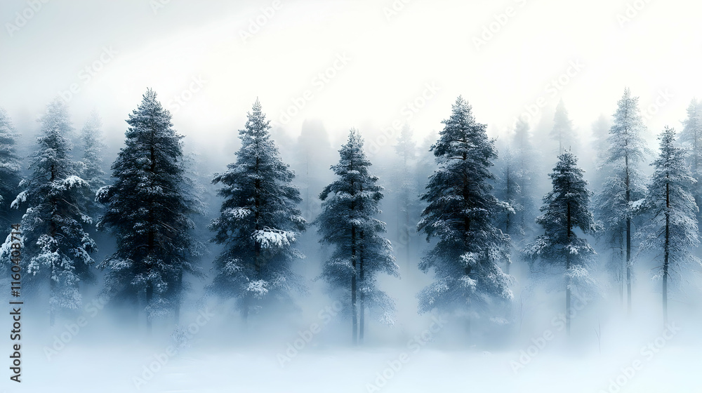 Snow-Covered Pine Trees Stand Tall in a Misty Winter Forest Landscape. Snow-Covered Pine Trees Stand Tall in a Misty Winter Forest Landscape.