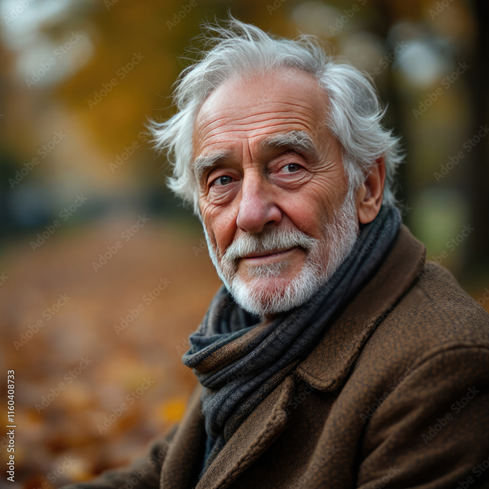 Senior Man Relaxing in Autumn Park with Foliage Senior Man Relaxing in Autumn Park with Foliage