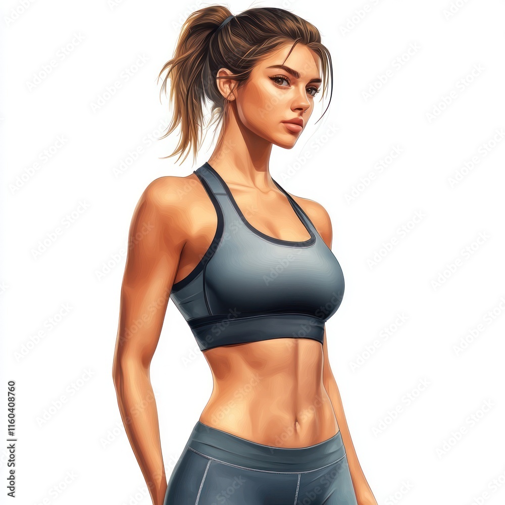 A sporty woman with a high ponytail and athletic wear. vector style art 3d illustration Isolated on White Background A sporty woman with a high ponytail and athletic wear. vector style art 3d illustration Isolated on White Background