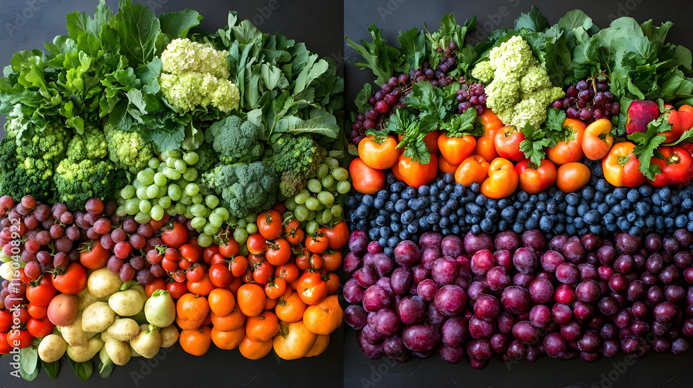 Colorful Fruits and Vegetables Arranged Artistically on a Dark Surface, Creating a Vibrant and Healthy Display Colorful Fruits and Vegetables Arranged Artistically on a Dark Surface, Creating a Vibrant and Healthy Display