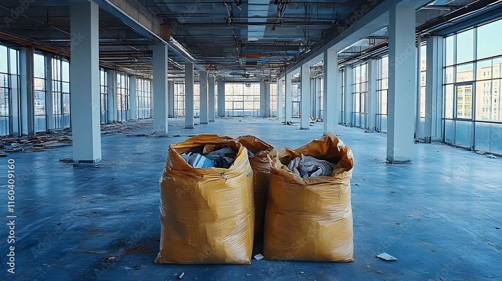 Two large garbage bags sit in an abandoned, debris-strewn office space with large windows. Two large garbage bags sit in an abandoned, debris-strewn office space with large windows.