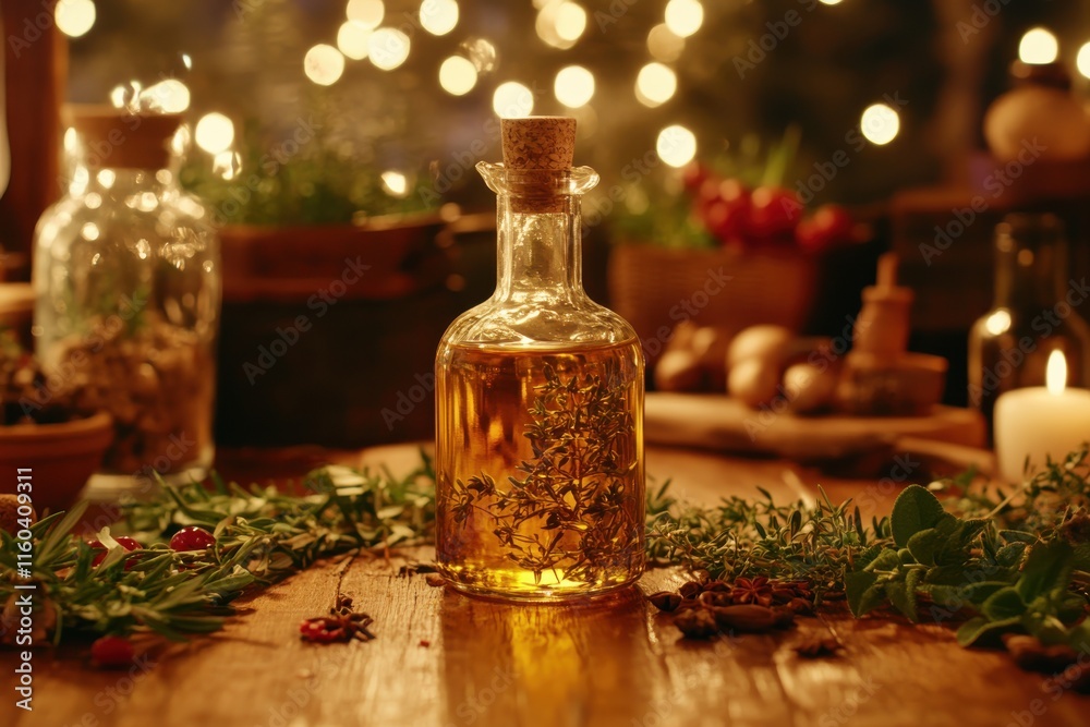 Glass bottle of herbal oil surrounded by fresh herbs, warm lighting, and rustic decor creating a cozy atmosphere for culinary inspiration and natural wellness ideas. Glass bottle of herbal oil surrounded by fresh herbs, warm lighting, and rustic decor creating a cozy atmosphere for culinary inspiration and natural wellness ideas.