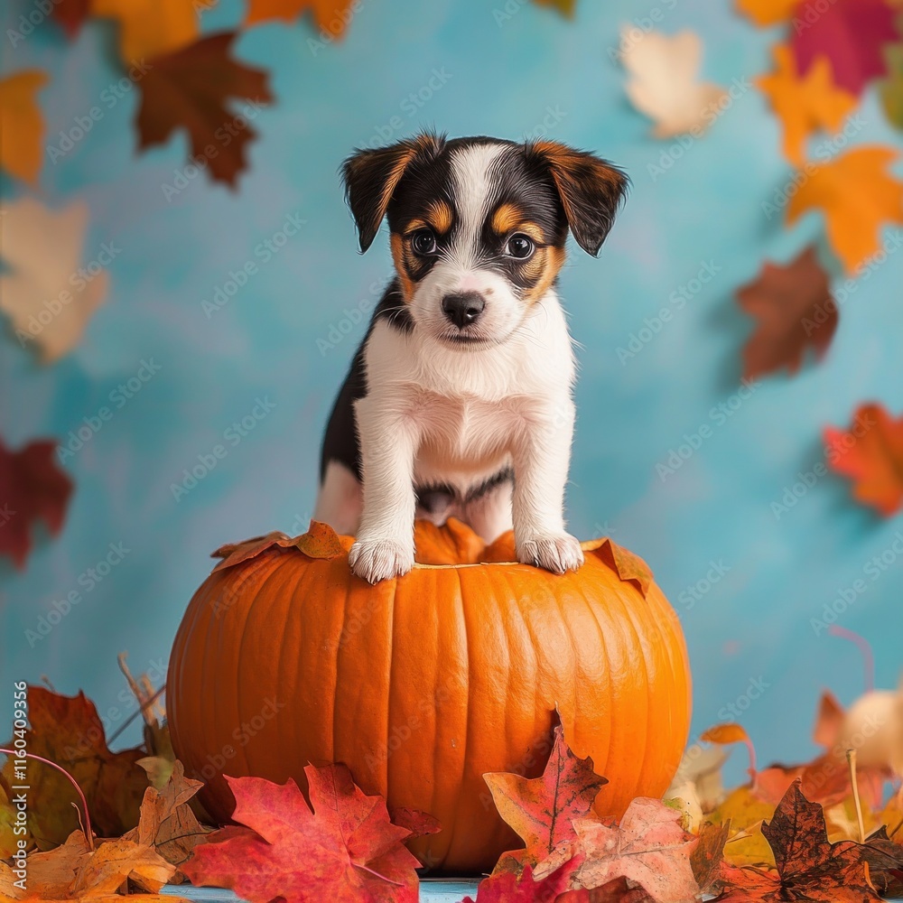 Adorable puppy sitting on a pumpkin with autumn leaves.