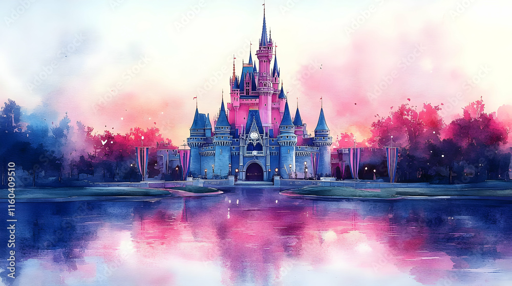 Obraz premium Fairytale Castle Reflects in Water, Pink and Blue Hues