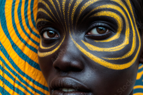 Close-up portrait of a young Black woman with striking yellow and black face paint, vibrant artistic patterns, and a bold abstract background, celebrating cultural and creative expression