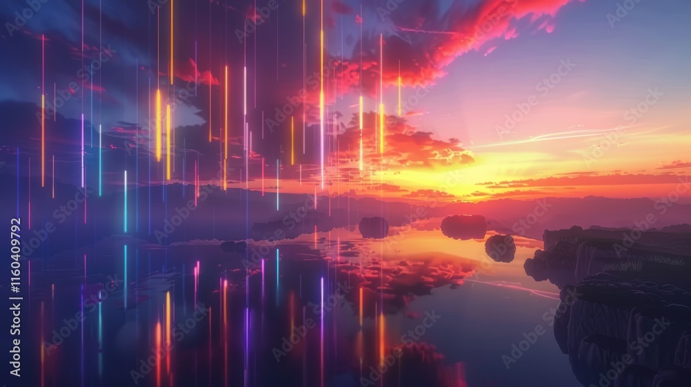 Vibrant sunset over calm water with neon light streaks. Vibrant sunset over calm water with neon light streaks.