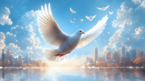 White Dove Soaring Over Cit...