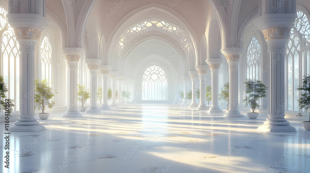 Naklejka premium White Hall Pillars Illuminate Majestically with Sunlight Streaming Through Windows