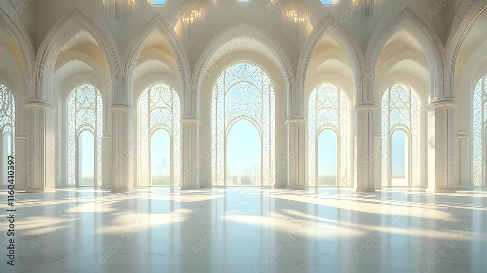 White Architecture Meets Sunlight: Grand Hall with Ornate Windows Elegantly Illuminated White Architecture Meets Sunlight: Grand Hall with Ornate Windows Elegantly Illuminated