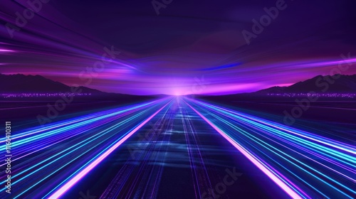 Purple speed lines stretch toward a distant horizon, mountains in the background.