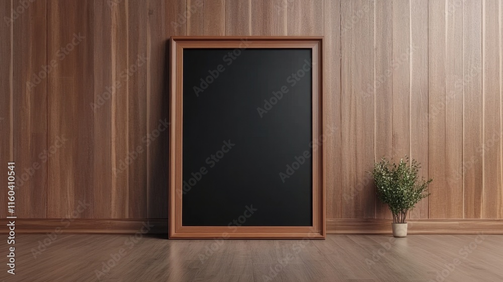 A minimalist interior featuring a wooden-framed blackboard against a wooden wall, accompanied by a small plant in a pot. A minimalist interior featuring a wooden-framed blackboard against a wooden wall, accompanied by a small plant in a pot.