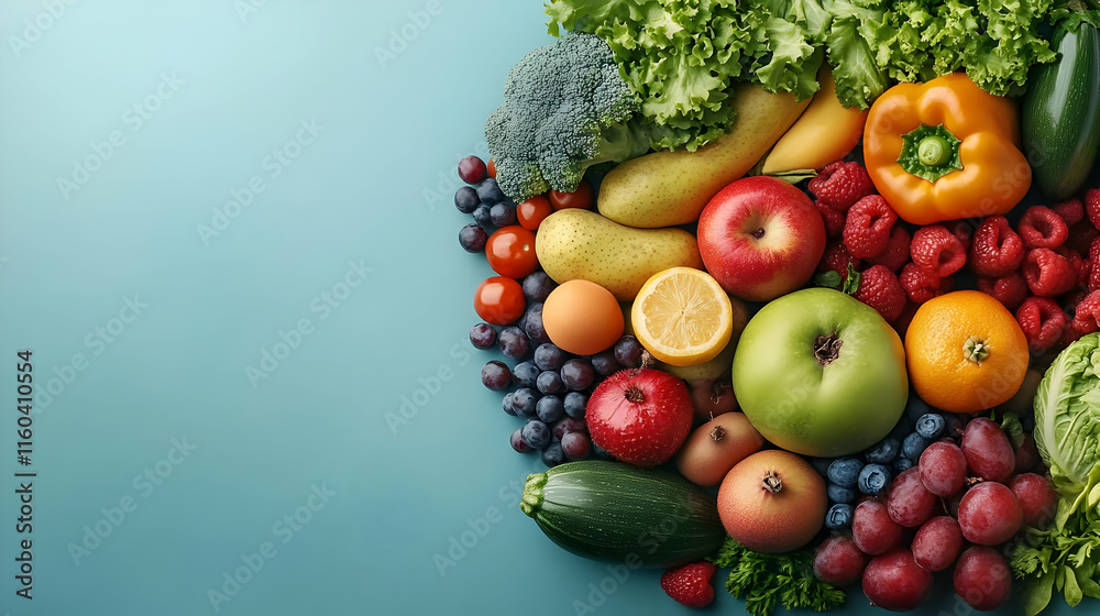 Fresh Fruits and Vegetables Create a Colorful and Healthy Display on Blue Background Fresh Fruits and Vegetables Create a Colorful and Healthy Display on Blue Background