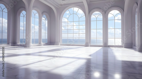 Elegant Room with Ocean View Displays Arched Windows and Marble Floor Perfectly