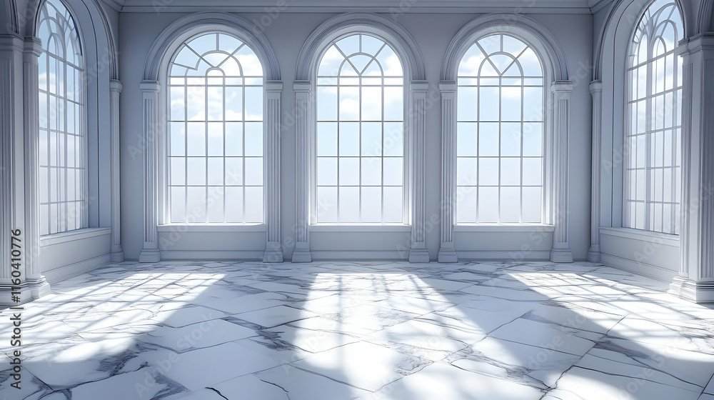 Fototapeta premium White Room Illuminates with Arched Windows Gracefully
