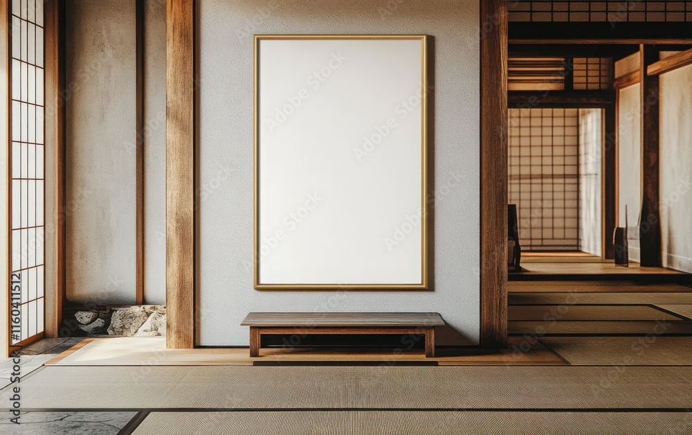 Fototapeta premium White poster framed in brass, set against an image of a traditional Japanese home with tatami mats and sliding doors, symbolizing simplicity, serenity, and the beauty of cultural architecture