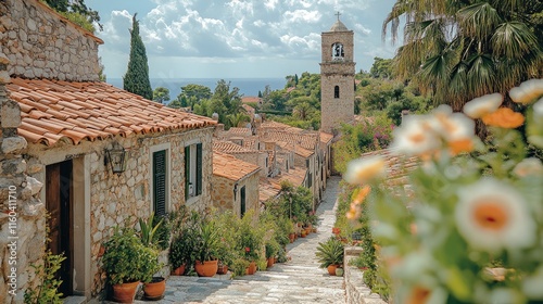 Fototapeta Naklejka Na Ścianę i Meble -  A picturesque stone-paved street in a Mediterranean village, adorned with vibrant flowers and trees.