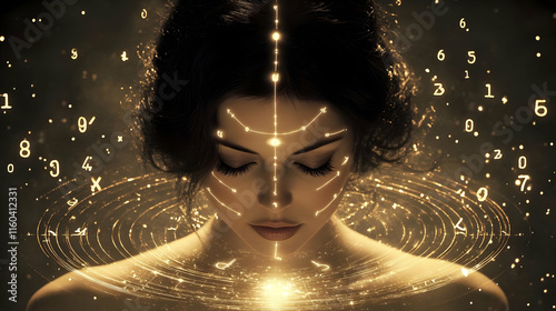 Mystical Woman Embraces Golden Numbers and Light Energy Beautifully photo