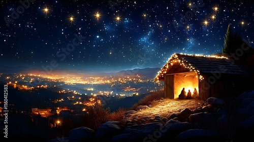 Starry Night Sky Shines on Small Village Cozy, Winter, Holiday, Christmas, Nativity