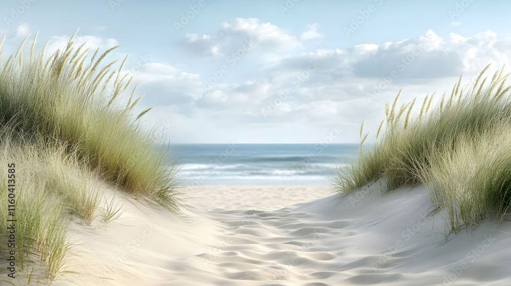 Sandy Path Leads to Tranquil Ocean through Beach Grass Dunes under Cloudy Sky Sandy Path Leads to Tranquil Ocean through Beach Grass Dunes under Cloudy Sky