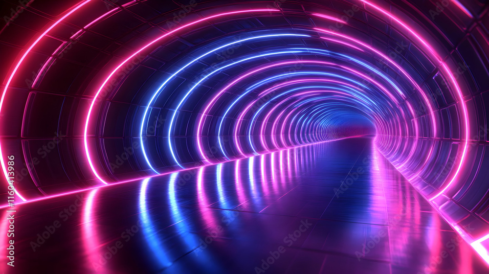Neon Tunnel Glows with Pink and Blue Lights, Creating a Futuristic Passage. Neon Tunnel Glows with Pink and Blue Lights, Creating a Futuristic Passage.