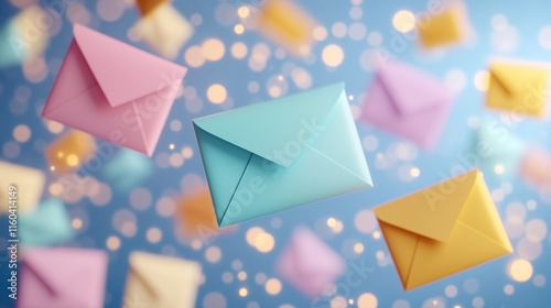 Colorful envelopes in various hues appear to float against a sparkling, glittery backdrop