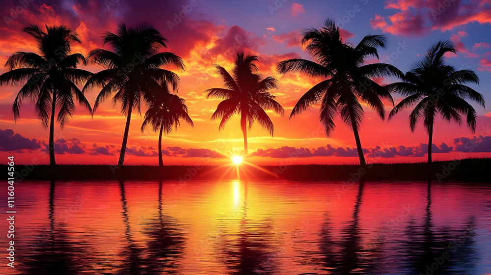 Silhouetted Palm Trees Reflect in the Water at Sunset with Vivid Colors Silhouetted Palm Trees Reflect in the Water at Sunset with Vivid Colors