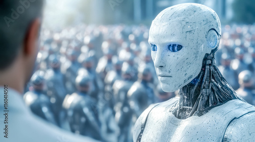 Humanoid robot leading robot army during technological revolution photo