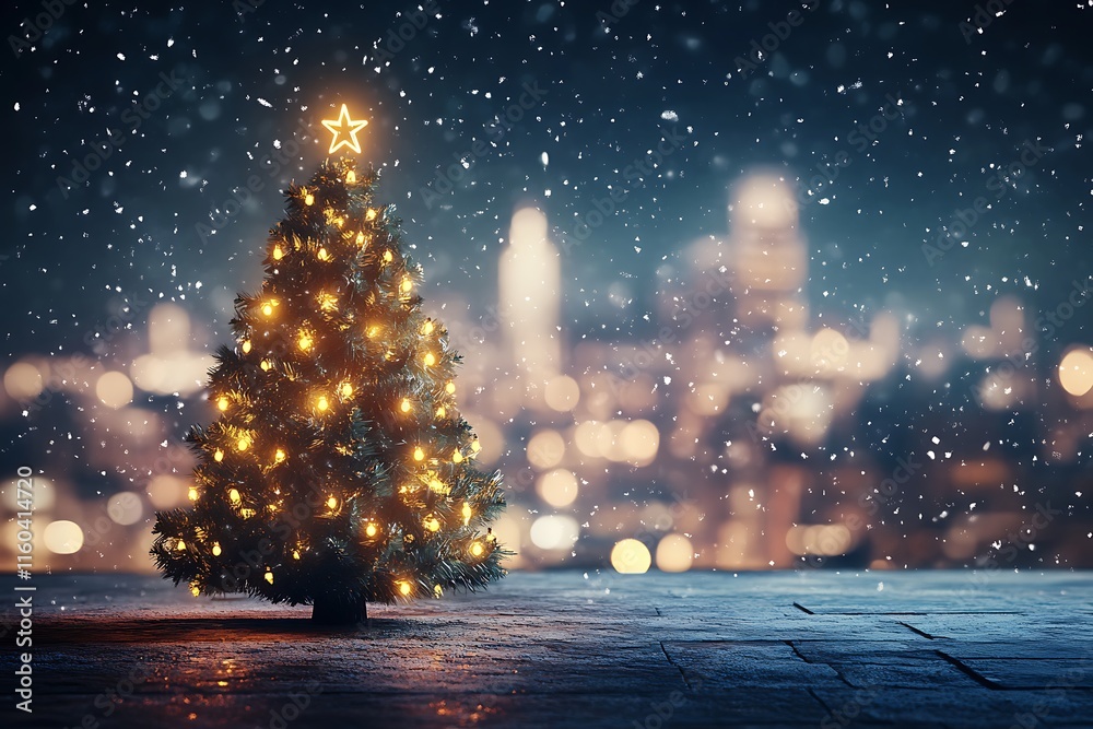 Christmas tree with lights in winter, A close-up of a Christmas tree branch adorned with golden ornaments, glowing lights, and rich evergreen needles. Christmas tree with lights in winter, A close-up of a Christmas tree branch adorned with golden ornaments, glowing lights, and rich evergreen needles.
