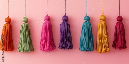 Wallpaper Mural Colorful tassels hang against a pink background, creating a vibrant and decorative display suitable for various crafts and interior design. Torontodigital.ca