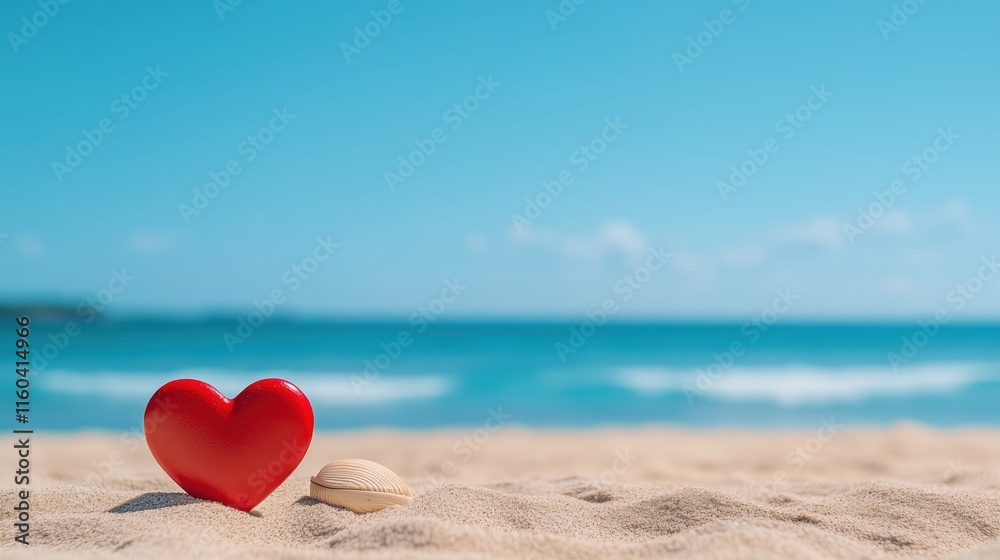 Beach backdrop with a vibrant red heart in the center providing ample copy space for text or images Beach backdrop with a vibrant red heart in the center providing ample copy space for text or images