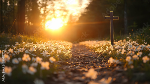 Wooden Cross Stands on a Path with White Flowers at Sunset in a Peaceful Forest Setting. photo