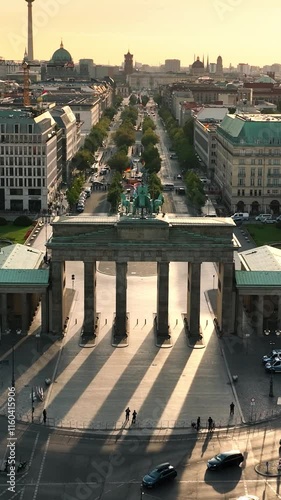 Aerial View of Brandenburg Gate (Brandenburger Tor) in the morning sunrise  - monument in Berlin, Capital of Germany