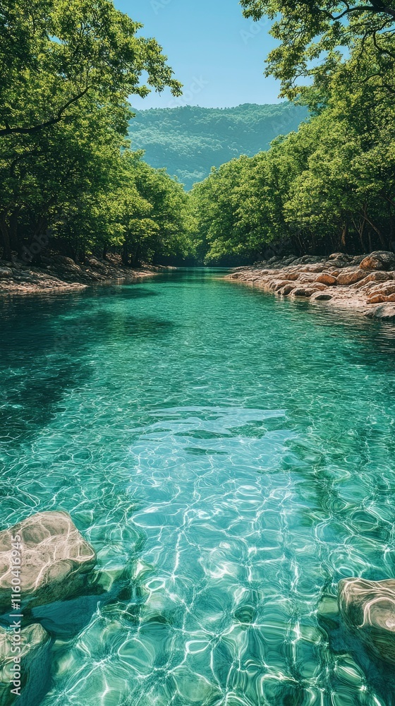 Serene River Flowing Through Lush Green Forest Serene River Flowing Through Lush Green Forest